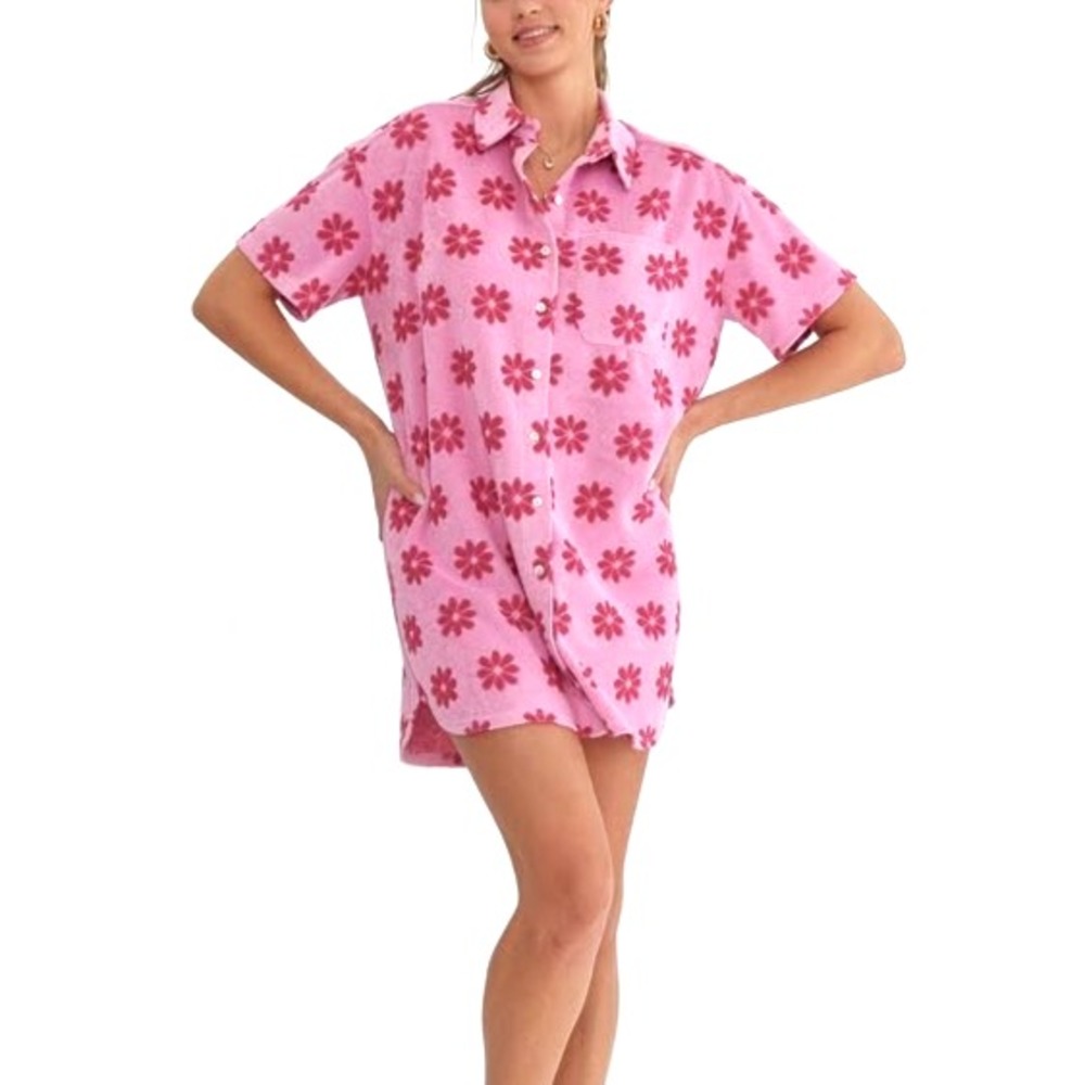 ENTRO Pink TERRY CLOTH Floral BUTTON-UP Pocket LOUNGE BEACH COVER-UP DRESS Sz L